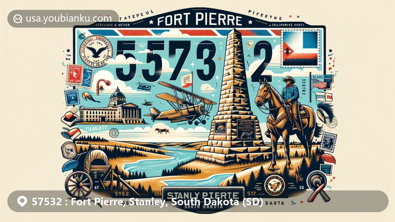 Modern illustration of Fort Pierre, Stanley County, South Dakota, portraying postal theme with ZIP code 57532, featuring Verendrye Monument, Missouri River, and Casey Tibbs Rodeo Center.
