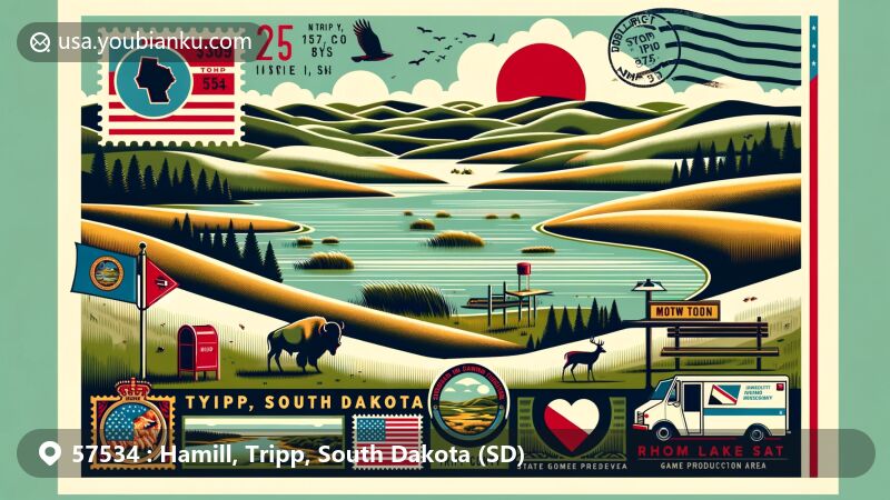 Modern illustration of Hamill, South Dakota, capturing the essence of ZIP code 57534 with rolling hills, Roosevelt Lake, local wildlife, and postcard elements like stamp and postmark.