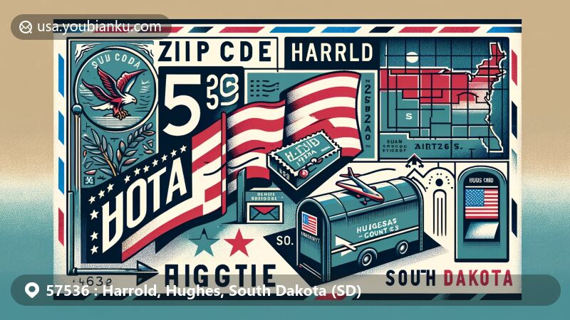 Modern illustration of Harrold, Hughes County, South Dakota, resembling an airmail envelope with the state flag and county map, featuring postal elements and ZIP code 57536.