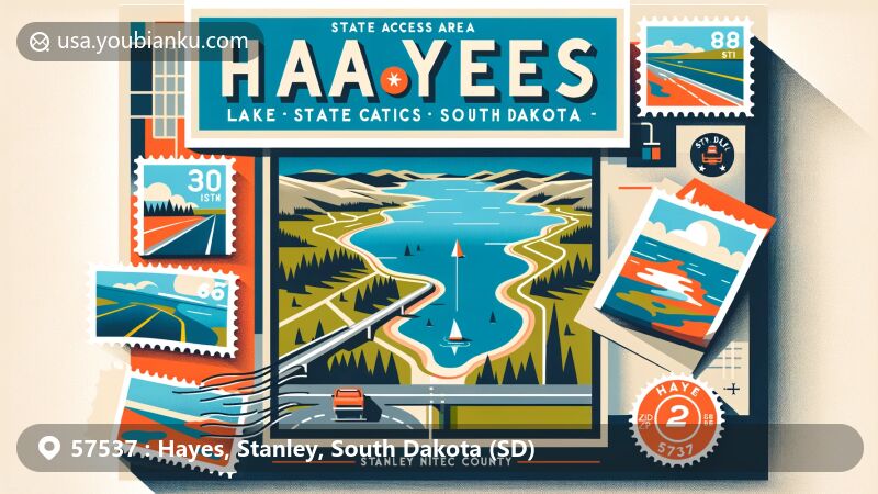 Modern illustration of Hayes area, Stanley County, South Dakota, highlighting postal theme with ZIP code 57537, featuring Hayes Lake State Access Area.