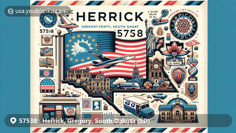 Modern illustration of Herrick, Gregory County, South Dakota, showcasing postal theme with ZIP code 57538, featuring state flag, unique county shape, and cultural symbols.