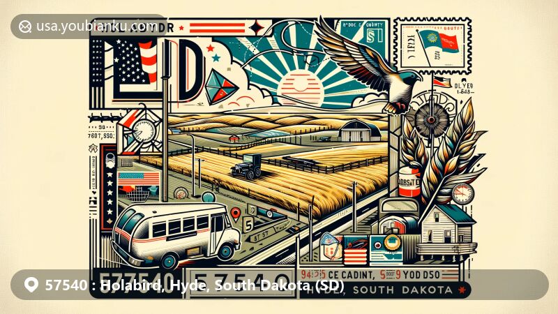 Modern illustration of Holabird, Hyde County, South Dakota, featuring elements of the state flag, county map outline, and local landmarks, set in the open plains backdrop, with postal elements like vintage postage stamp and ZIP code 57540.
