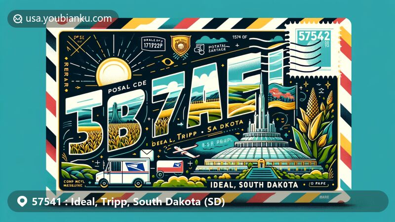 Modern illustration of Ideal, Tripp County, South Dakota, featuring postal theme with ZIP code 57541, showcasing Corn Palace and Badlands National Park symbols.