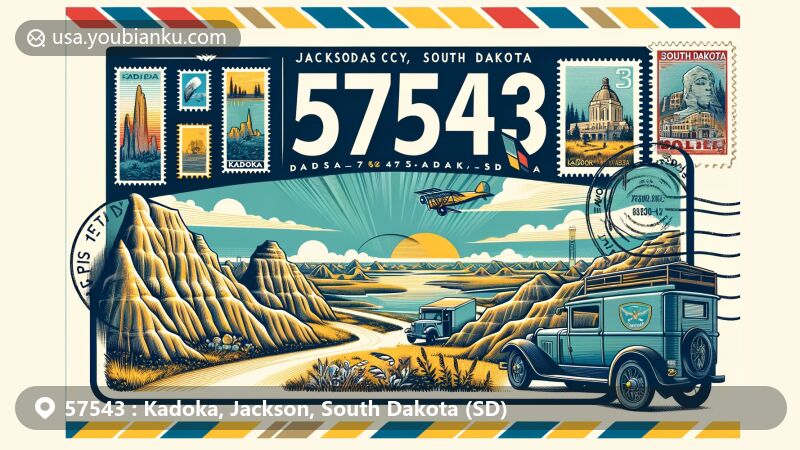 Modern illustration of Kadoka, Jackson County, South Dakota, showcasing vintage airmail envelope design with ZIP code 57543, featuring South Dakota state flag, Badlands National Park, and postal theme elements.