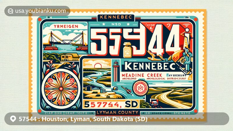 Modern illustration of Kennebec, Lyman County, South Dakota, portraying postal theme with ZIP code 57544, showcasing natural landscapes and historical landmarks like Medicine Creek Archeological District and state highways.