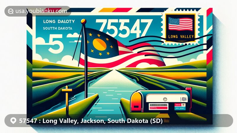 Modern illustration of Long Valley, Jackson County, South Dakota, featuring stylized postal envelope with state flag and ZIP code 57547 in a long and wide valley setting.