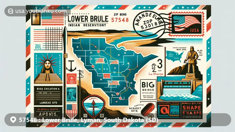 Modern illustration of Lower Brule Indian Reservation postcard, featuring Big Bend Dam, Langdeau Site, Merrill Q. Sharpe statue, Lake Sharpe, American flags, ZIP code 57548, postage stamps, and postmark.
