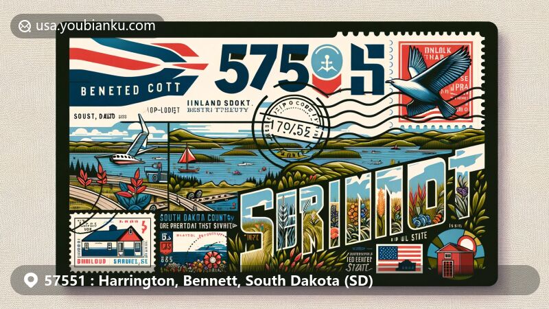 Modern illustration of Harrington, Bennett County, South Dakota, portraying airmail envelope postcard with ZIP code 57551, featuring natural landscapes, Inland Theater, South Dakota state symbols, postmark, stamp, and mailbox.