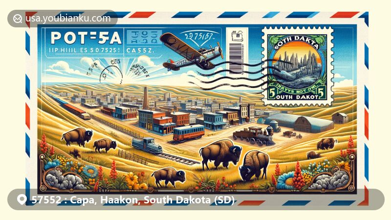 Modern illustration of Capa, Haakon County, South Dakota, showcasing airmail envelope theme with vintage postage stamp, depicting Capa ghost town and roaming bison.