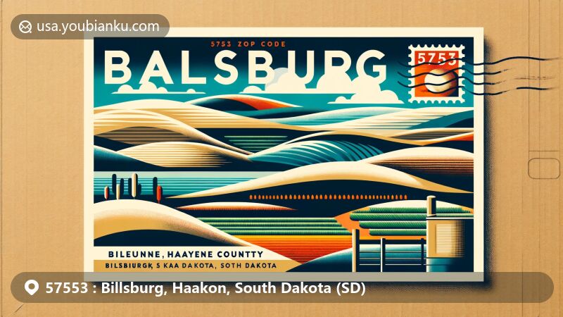 Modern illustration of Billsburg, Haakon County, South Dakota, showcasing semi-arid rolling hills, Cheyenne and Bad rivers, and rural agricultural elements, highlighting ZIP code 57553.
