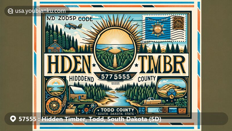 Modern illustration of Hidden Timber, Todd County, South Dakota, showcasing ZIP code 57555, featuring a secluded forest area reflecting the name and history of the place, with elements of Todd County and South Dakota, including the state flag and state symbols.