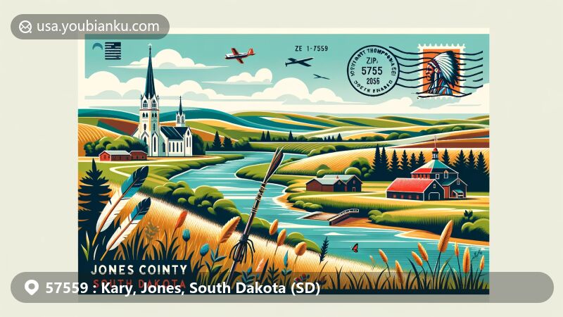 Modern illustration of Jones County, South Dakota, showcasing natural landscape with rolling hills, rivers, St. Joseph's Catholic Church, Fort Thompson Mounds, and Native American cultural elements, designed in postcard style with ZIP code 57559.
