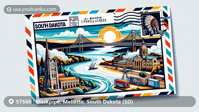Modern illustration of Blackpipe and Mellette County, South Dakota, showcasing a creative airmail postcard with White River Bridge, Sioux Nation Cultural Center and Museum, and postal elements like stamp, postmark, and ZIP Code 57560.