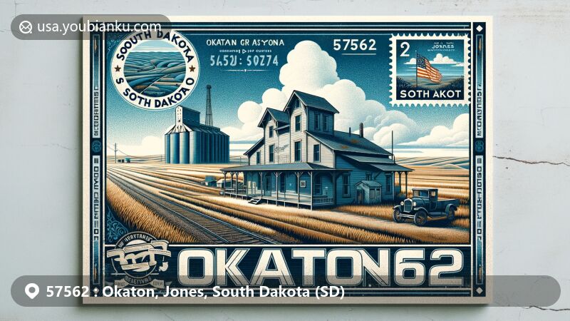 Modern illustration of Okaton, Jones County, South Dakota (SD), reminiscent of a vintage postcard featuring the iconic Westlake's general store, abandoned grain elevator, and South Dakota state symbols.
