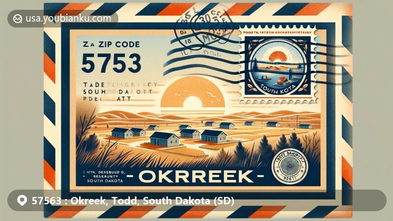 Modern illustration of Okreek, Todd County, South Dakota, showcasing postal theme with ZIP code 57563, featuring vintage airmail envelope with stamp of landscape, depicting Rosebud Indian Reservation and Sioux-American culture.