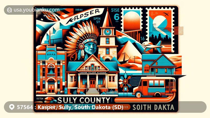 Modern illustration of Sully County, South Dakota, featuring Cooper Village Archaeological Site and Sully County Courthouse, with postal theme and ZIP code 57564.