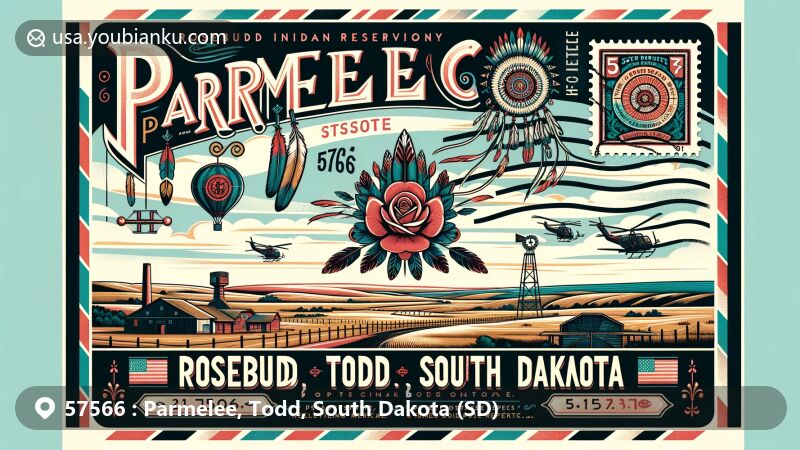Modern illustration of Parmelee, Todd County, South Dakota, featuring Rosebud Indian Reservation, traditional Native American elements, and South Dakota landscape.
