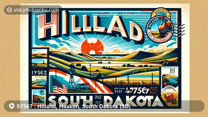 Modern illustration of Hilland, Haakon, South Dakota, highlighting postal theme with ZIP code 57567, featuring scenic postcard and South Dakota state flag.