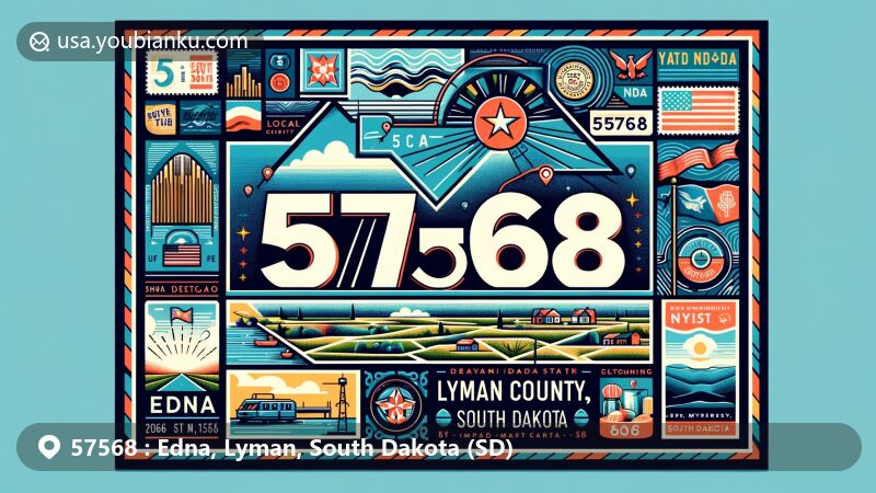 Modern illustration of Edna, Lyman County, South Dakota, featuring a postcard design with ZIP code 57568 at the center, surrounded by symbols representing local culture and landmarks, including South Dakota outline, state flag elements, and local landscapes.