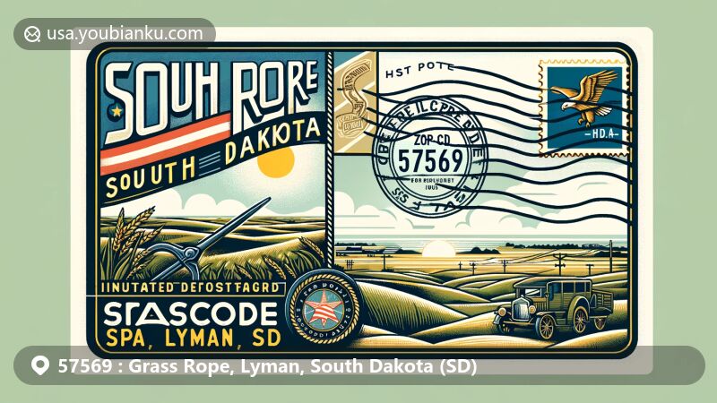 Modern illustration of Grass Rope, Lyman County, South Dakota, highlighting postal theme with ZIP code 57569, featuring state flag and typical landscape elements.