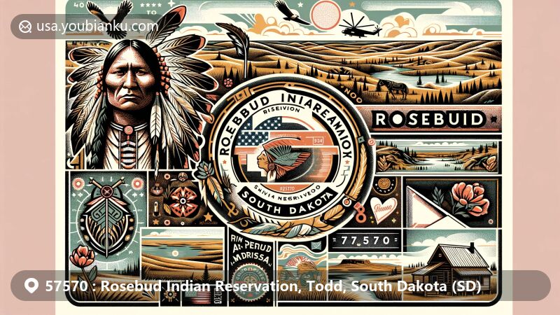 Modern illustration of the Rosebud Indian Reservation, Todd County, South Dakota, featuring the Rosebud Sioux Tribe emblem, Spotted Tail, Lakota art, and postal theme with ZIP code 57570.