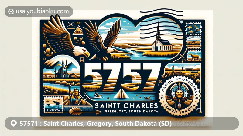 Modern illustration of Saint Charles, Gregory, South Dakota (SD), showcasing natural beauty, hunting culture, and Lakota elements, with postcard and air mail envelope design featuring stamp, postmark, and ZIP code 57571.