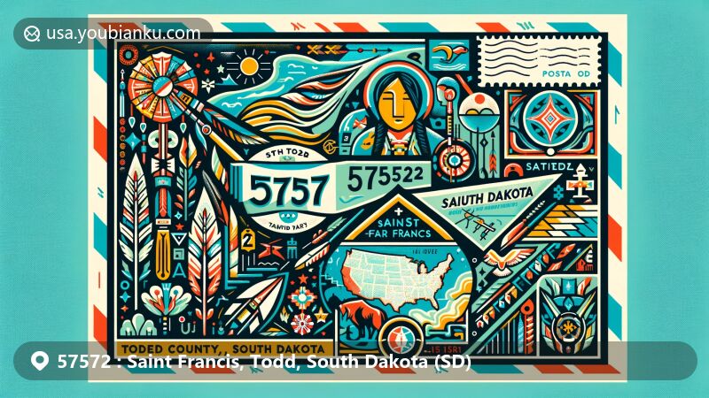 Creative illustration of Saint Francis, Todd County, South Dakota showcasing postal theme with ZIP code 57572, featuring map location and Lakota cultural elements inspired by Buechel Museum artifacts and Native American symbols.