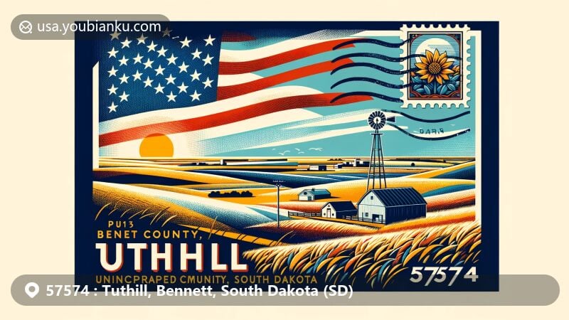 Modern illustration of Tuthill, Bennett County, South Dakota, showcasing rural landscape with open plains, small buildings, and clear sky, and incorporating South Dakota state flag in a postcard format.