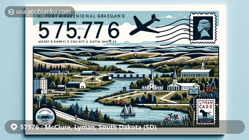 Modern illustration of McClure, Lyman County, South Dakota, inspired by ZIP code 57576, featuring Fort Pierre National Grassland, Lake Francis Case, and Lake Sharpe.