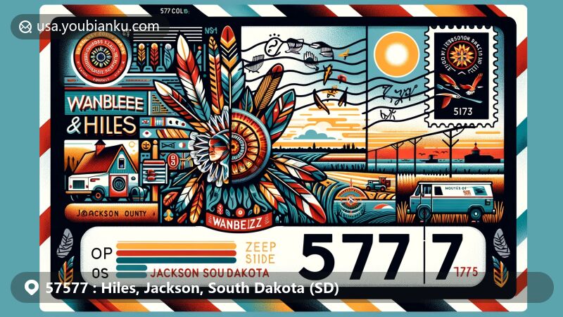 Modern illustration of Wanblee and Hiles, Jackson County, South Dakota, with airmail envelope featuring ZIP code 57577, Native American motifs like feathers and totems, and symbols of the state and county.