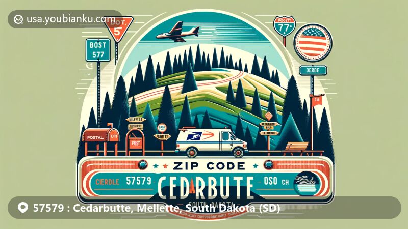 Modern airmail-style postcard illustration of Cedarbutte, Mellette County, South Dakota with ZIP code 57579, featuring traditional post elements and symbols of Cedarbutte and South Dakota.