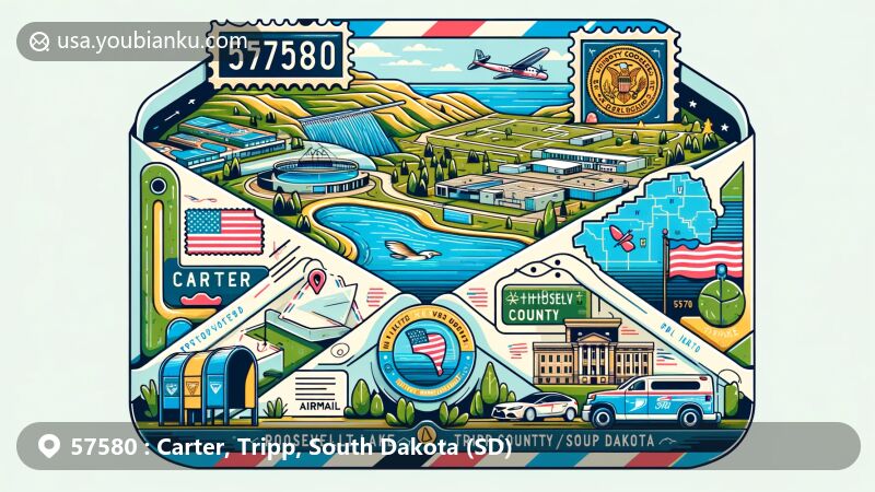 Vibrant illustration of Carter, Tripp County, South Dakota, representing ZIP code 57580 with a creative airmail envelope design displaying Roosevelt Lake, Tripp County Veteran's Memorial, and Carter Dam.