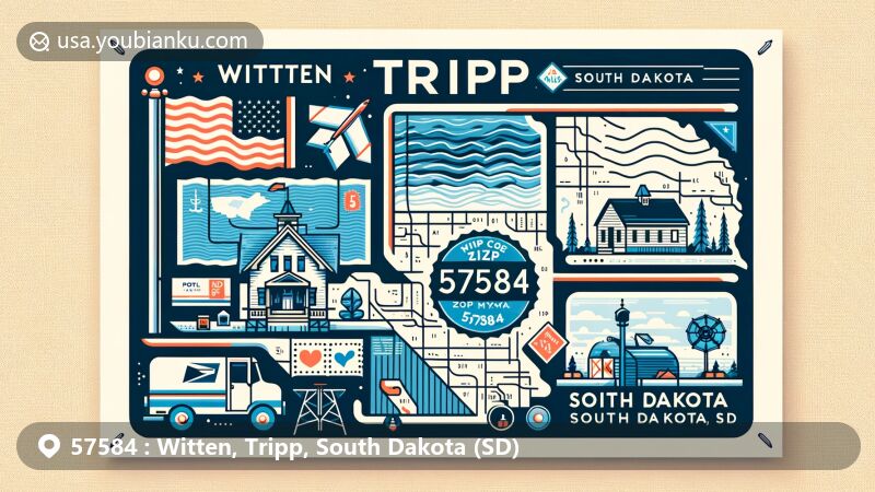 Modern illustration of Witten, Tripp County, South Dakota, representing ZIP code 57584 with state flag, map of Tripp County, rural town, stamp, postmark, mailbox, mail truck.