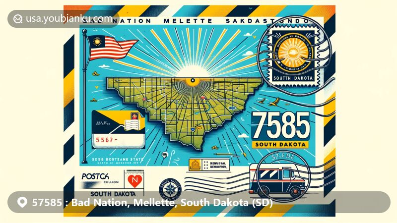 Modern illustration of ZIP code 57585 (Bad Nation, Mellette, South Dakota) with creative postcard design incorporating map outline of Mellette County, elements from South Dakota state flag, postal elements, and modern style.