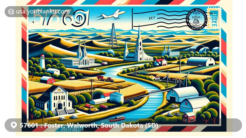 Modern illustration of ZIP code 57601 area in Foster and Walworth counties, South Dakota, showcasing the Missouri River, rolling hills, Mobridge Masonic Temple, Selby Opera House, and agricultural elements.