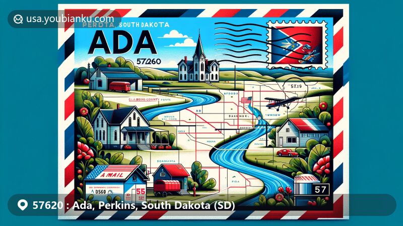 Modern illustration of Ada, Perkins County, South Dakota, with postal theme showcasing ZIP code 57620, featuring Grand River, G.E. Lemmon House, Ole Quamman House, and rural Ada Township.