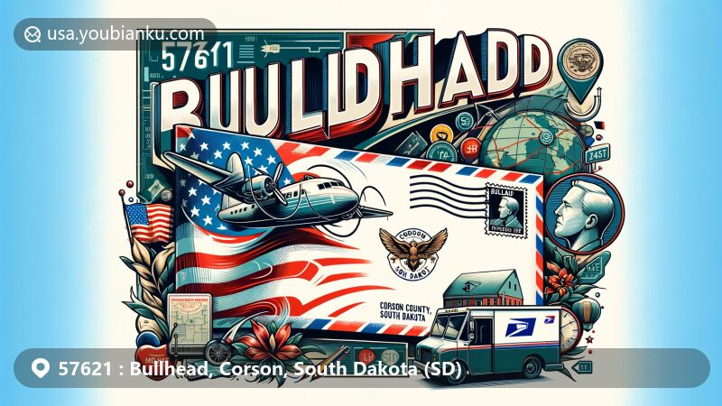 Modern illustration of Bullhead, Corson County, South Dakota, highlighting ZIP code 57621 with airmail envelope and postal elements, including mail truck, South Dakota flag, Corson County map outline, and Bullhead landmarks.