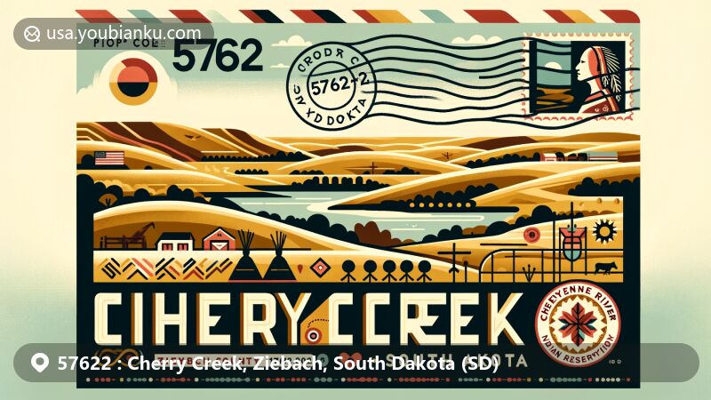 Modern illustration of Cherry Creek, Ziebach County, South Dakota, in postal theme with ZIP code 57622, showcasing Thunder Butte and Cheyenne River scenery.
