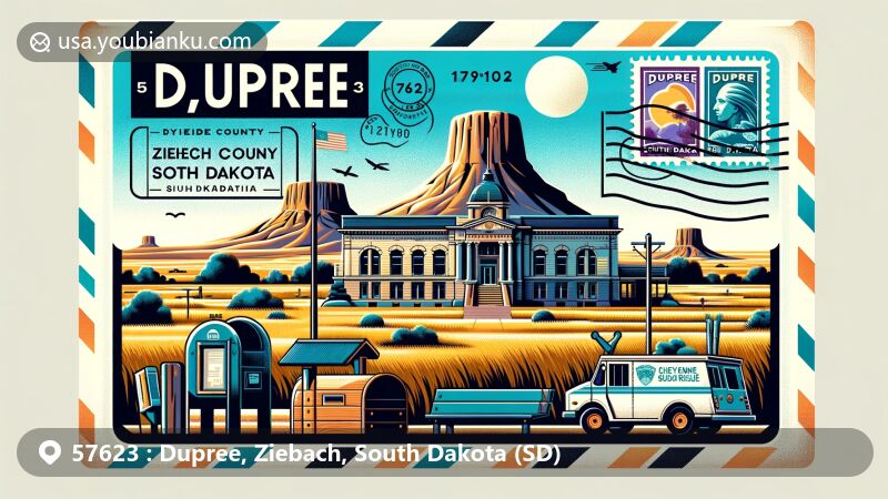 Modern illustration of ZIP Code 57623 for Dupree, Ziebach County, South Dakota, USA, featuring Thunder Butte and the Ziebach County Courthouse, with elements of Cheyenne River Sioux Reservation culture.