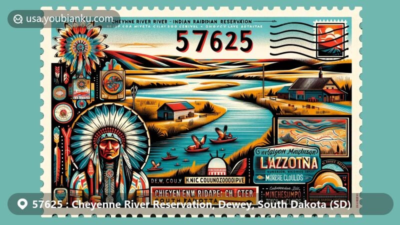 Modern illustration of Cheyenne River Indian Reservation, Dewey County, South Dakota, showcasing cultural elements of Cheyenne River Sioux Tribe and representing traditional Lakota bands: Mnicoujou, Oohenumpa, Itazipco, and Siha Sapa, with landmarks like H.V. Johnston Lakota Cultural Center and Timber Lake Museum.