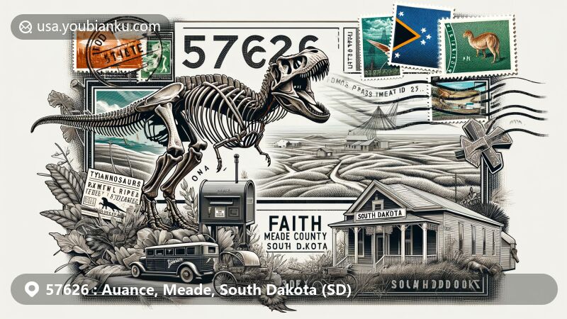 Modern illustration of Faith, Meade County, South Dakota, featuring a postcard with a Tyrannosaurus rex skeleton, postal elements, and South Dakota state symbols.