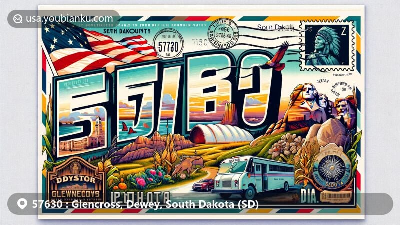 Modern illustration of Glencross, Dewey County, South Dakota, featuring ZIP code 57630 and iconic South Dakota landmarks like Mount Rushmore and the Badlands, with state symbols and postal elements.