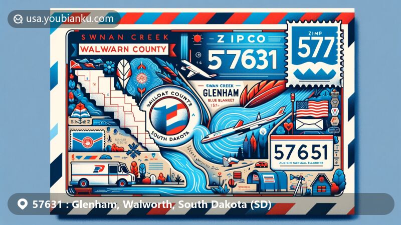 Modern illustration of Glenham, Walworth County, South Dakota, featuring postal theme with ZIP code 57631, South Dakota flag, Walworth County outline, Swan Creek, Blue Blanket Recreation Areas, Lake Oahe, postal stamp, mailbox, and mail truck.