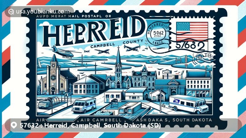 Modern illustration of Herreid, Campbell County, South Dakota (SD), showcasing postal theme with ZIP code 57632 and iconic landmarks, including Vanderbilt Archaeological Site and Missouri River Valley, featuring South Dakota state symbols.