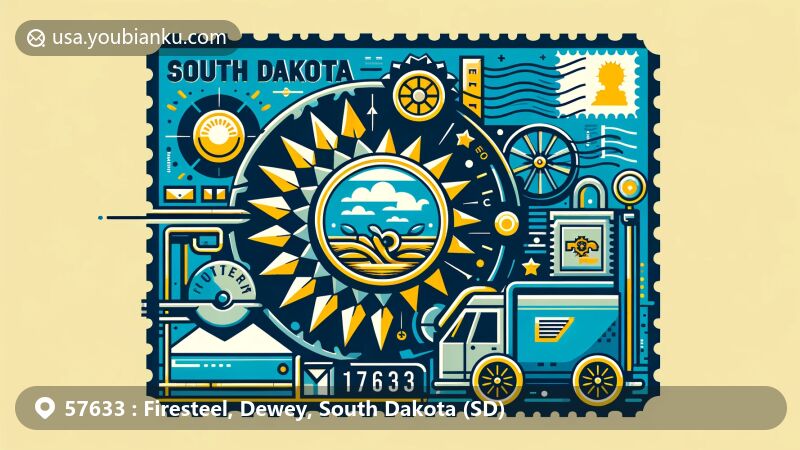 Modern illustration of Firesteel, Dewey County, South Dakota, showcasing postal theme with ZIP code 57633, featuring South Dakota state flag elements and postcard imagery.