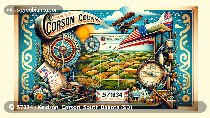 Modern illustration of Keldron, Corson County, South Dakota, featuring creative postcard design with iconic state symbols and rural elements, showcasing ZIP code 57634.