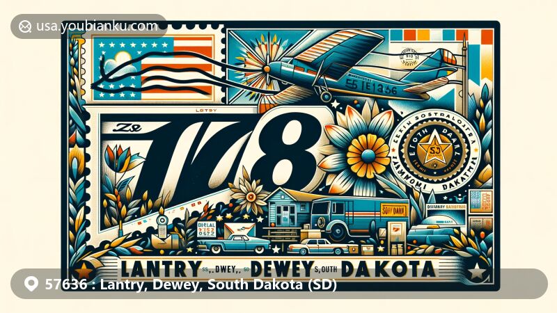 Modern illustration of Lantry, Dewey, South Dakota, showcasing postal theme with ZIP code 57636, featuring South Dakota state symbols like the state flag and pasque flower.