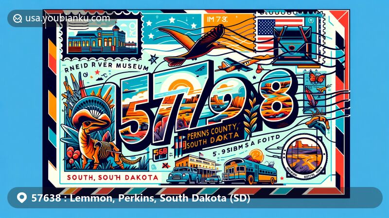 Vibrant illustration of Lemmon, Perkins County, South Dakota, emphasizing ZIP code 57638 and local culture, featuring postcard, airmail envelope, Grand River Museum fossils, cowboy heritage symbols, and South Dakota themes.