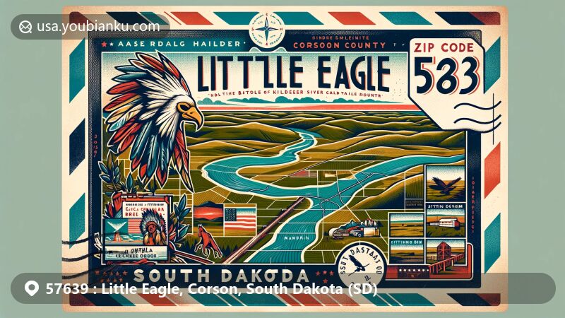 Modern illustration of Little Eagle, Corson County, South Dakota, featuring vintage-style postcard with map outline, Native American chieftain, Battle of Killdeer Mountain, Sitting Bull College, and South Dakota state flag.