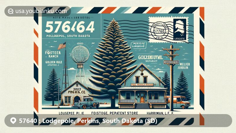 Modern illustration of Lodgepole, Perkins County, South Dakota, showcasing postal theme with ZIP code 57640, featuring historical landmarks like Foster Ranch House, Golden Rule Department Store, and Harriman, L. F. House, along with a Lodgepole Pine tree.